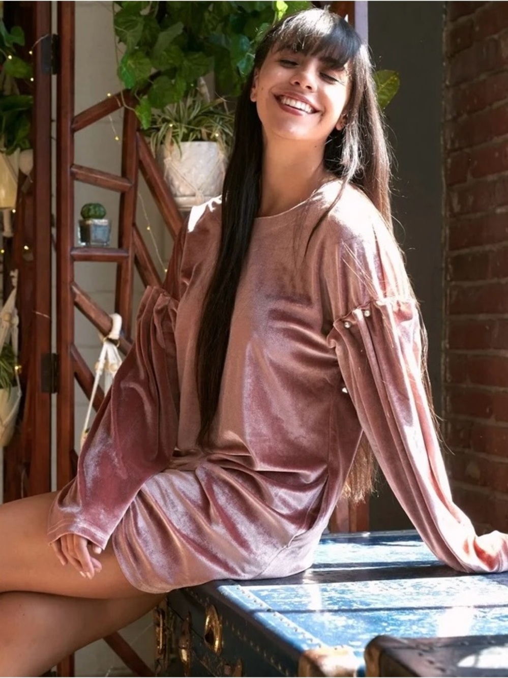 Love Riche Pearl-Trim Velvet Tunic in Dusty Rose